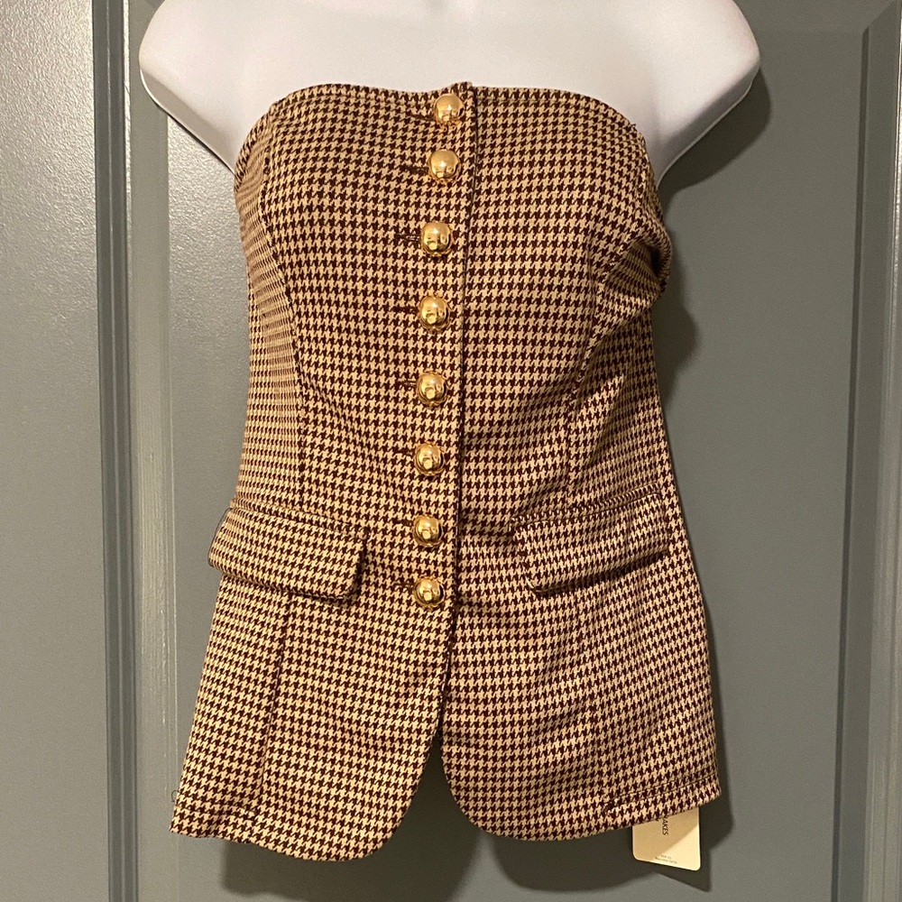 SHEIN Houndstooth Strapless Top with Gold Buttons